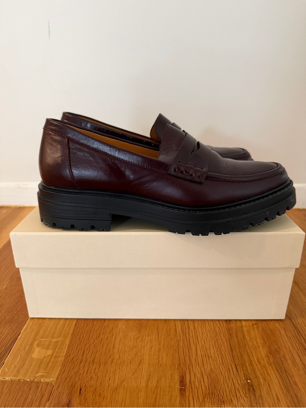 Sezane Burgundy Leather Penny Loafers with Black Lug Sole